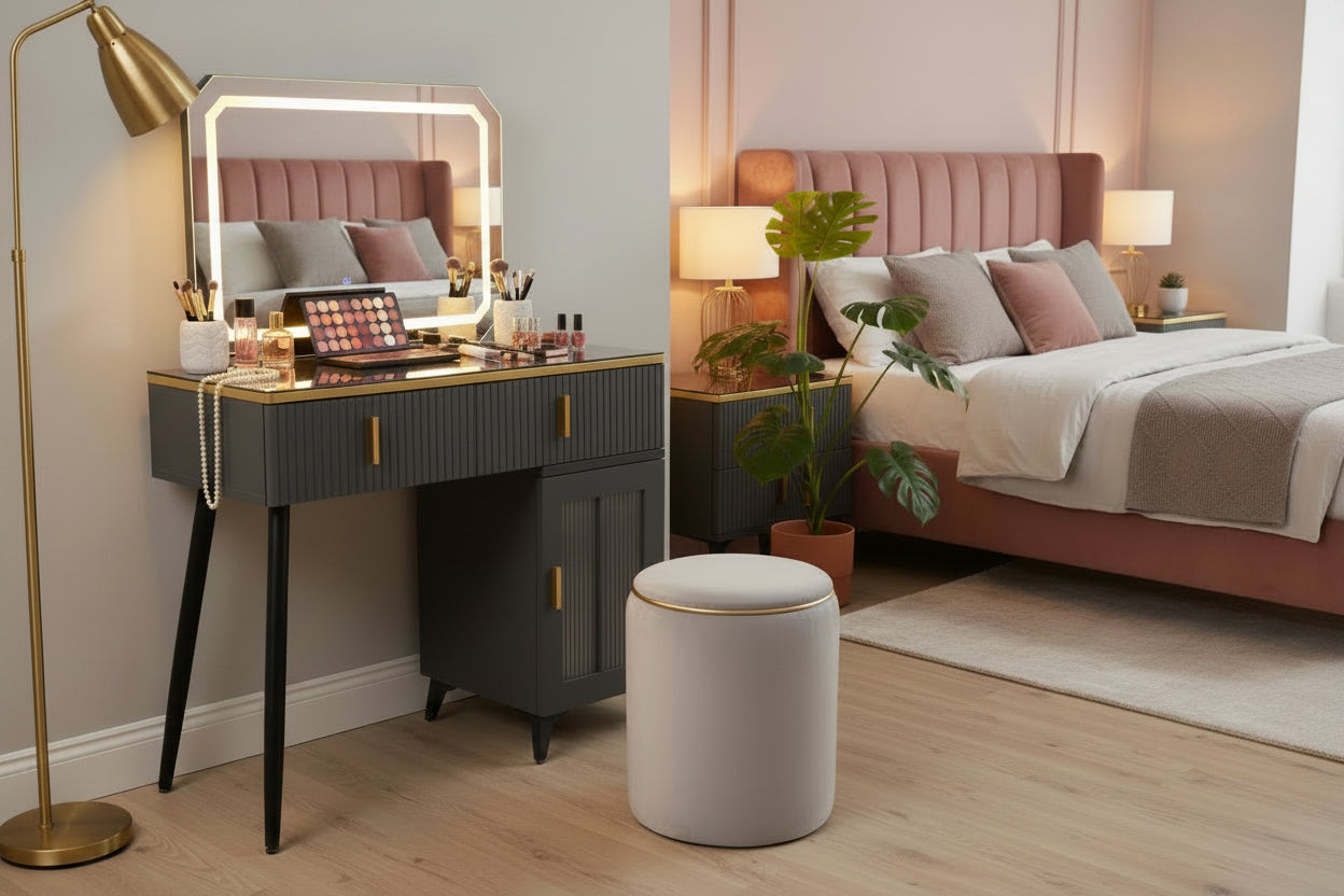 Modern Grey Dressing Table Set with LED Mirror – MWMRDRT05 - Makoya Home