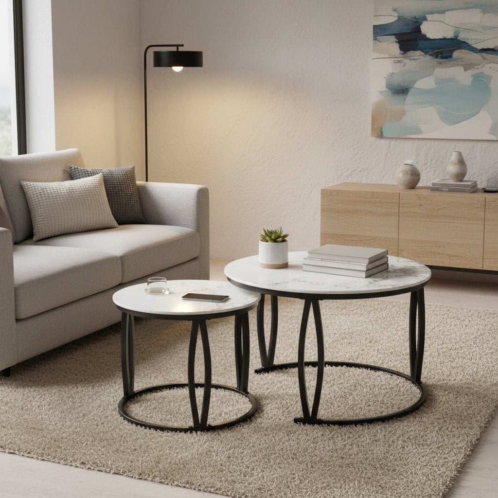 Ct27-6 nesting coffee table set with round marble-patterned tops and black metal frames from makoya home.