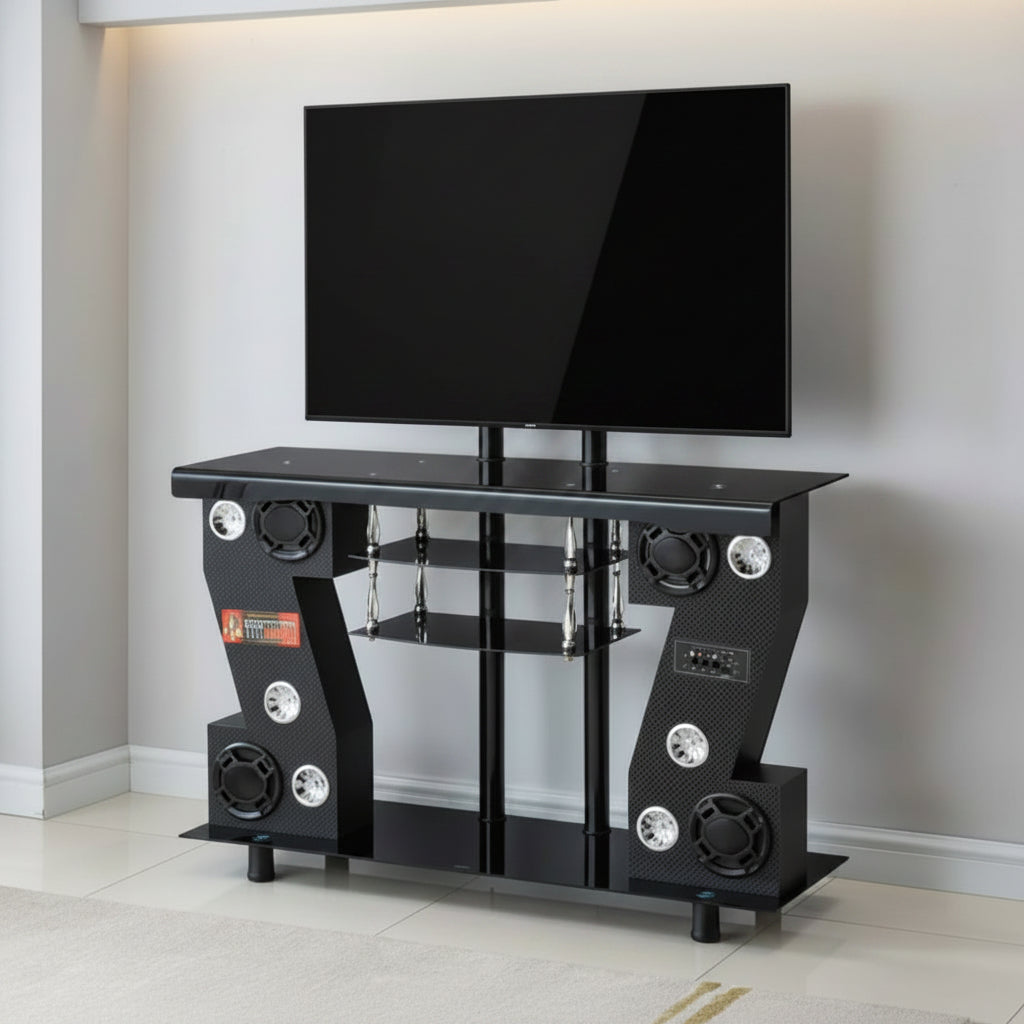 Modern black 712 plasma tv stand with integrated speakers, glass shelves, and a built-in tv mount.
