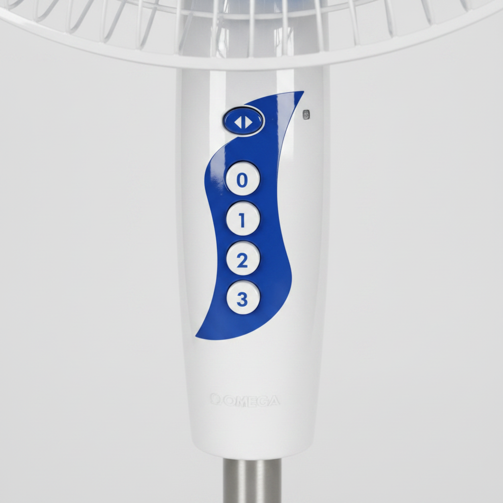 White and blue omega 16-inch oscillating pedestal fan with adjustable height from makoya home.