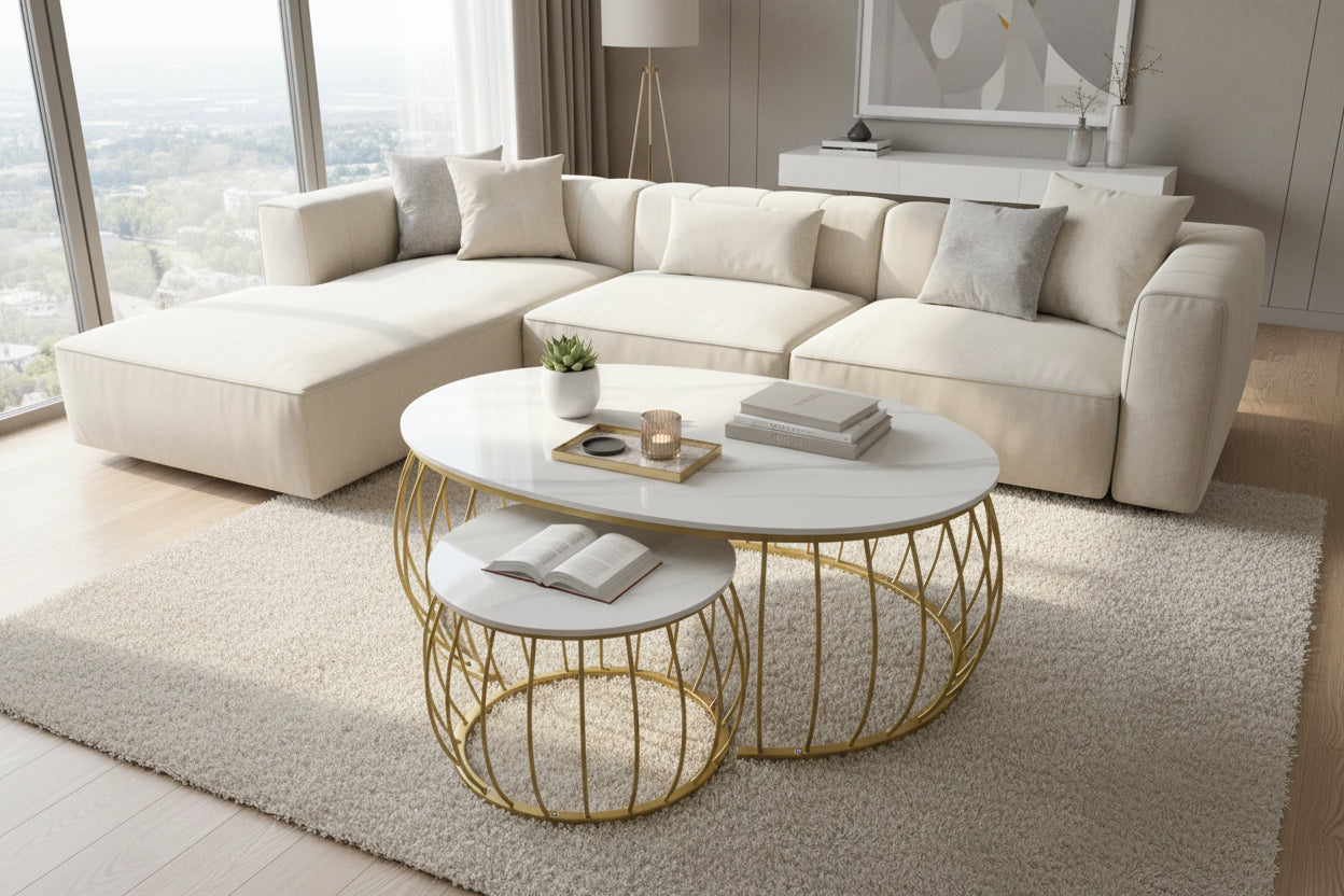 Coffee Table C-5-6 2pc Gold Leg White Rop