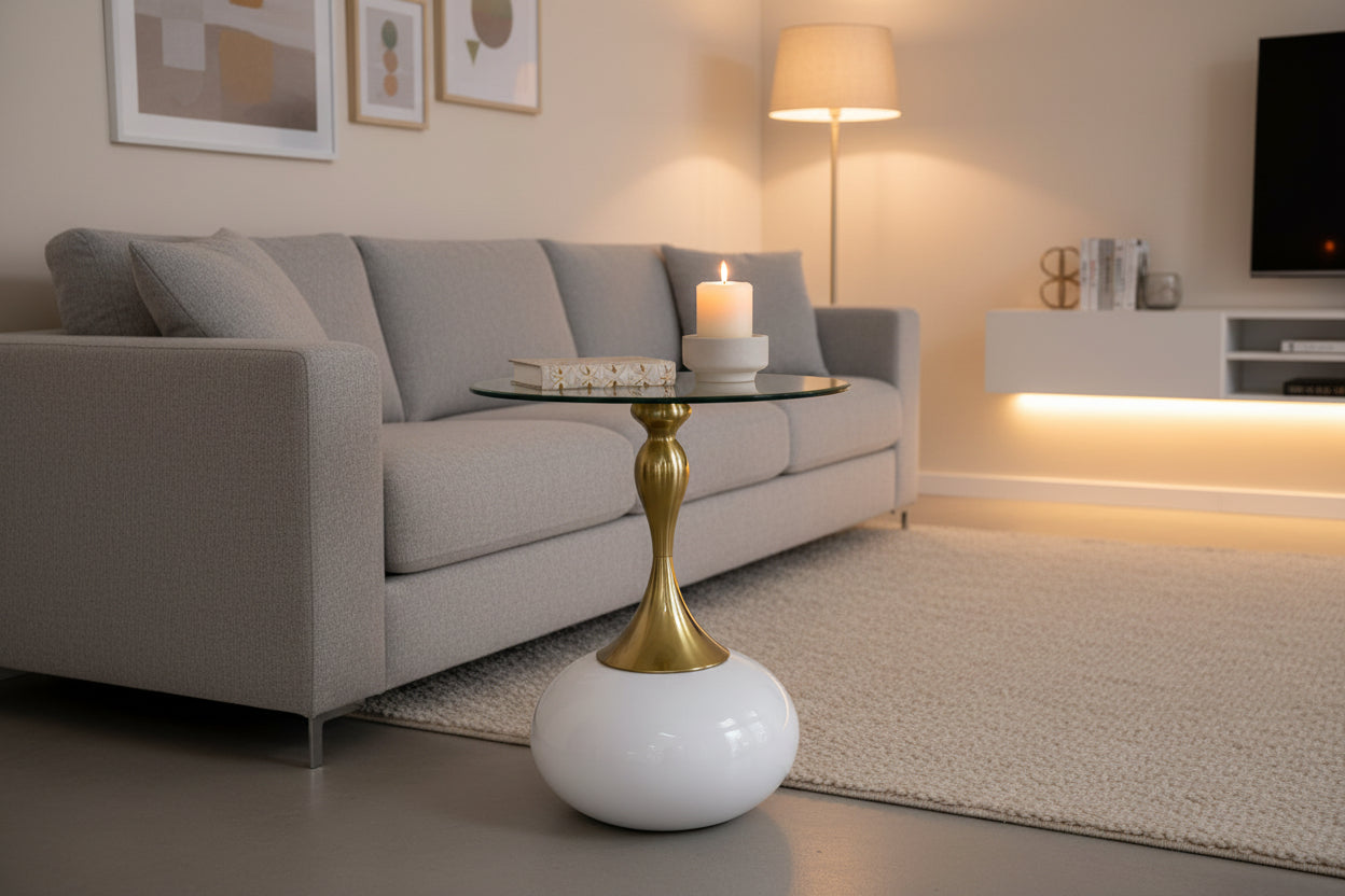Coffee Table Round Wht/gold+clear Top
